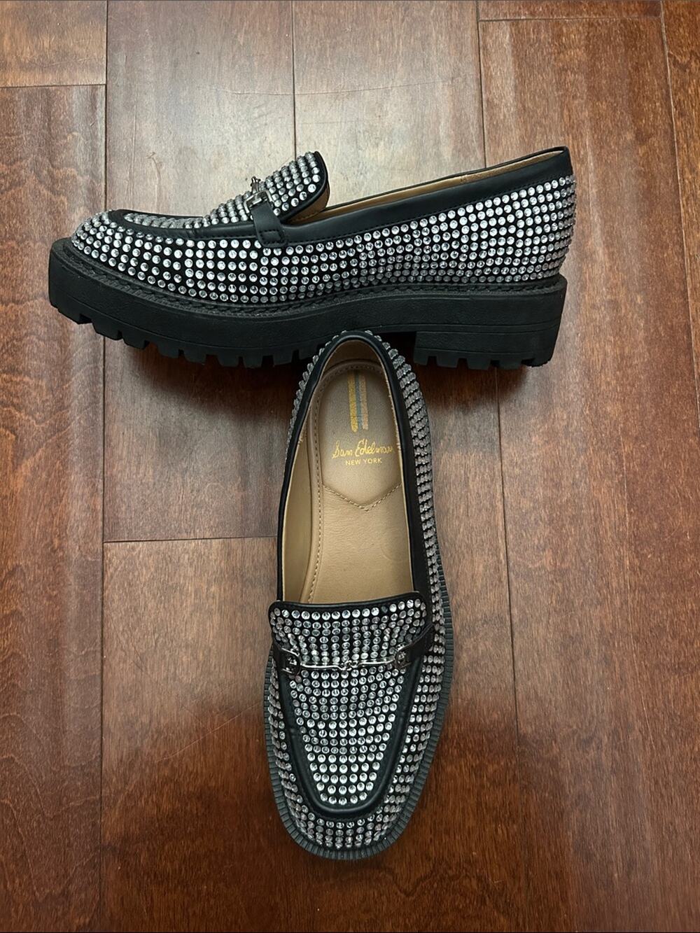 Sam Edelman Women's Laurs Glitz Chunky Loafers Black Crystal-Studded, Size 8